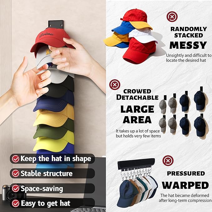 Hat Organizer Hold up to 20 Hats, 2 Pack Hat Rack for Wall with Strong Adhesive, Hat Organizer for Baseball Caps Display for Door Closet, Hat Hanger Holder Multilayer Two Mounting Option(Black)