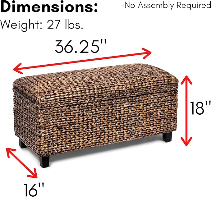 BIRDROCK HOME Abaca Storage Bench – Hand-Woven Wicker Entryway Bench w/Lift-Top Hidden Storage, Solid Wood Frame - Brown Wash
