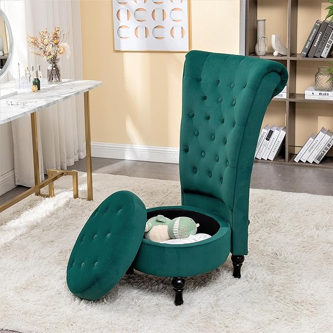 Royal High-Back Velvet Accent Chair for Vanity with Storage and Luxurious Upholstery, Retro Design and Versatile Usage for Living Room, Bedroom, Lounge and Office, Green