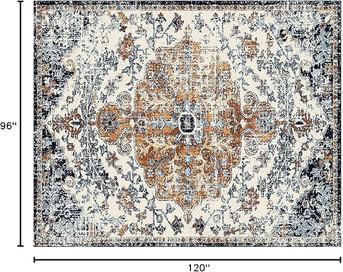 MICRODRY - Area Rug, Low-Profile Design for Sleek, Bulk-Free Look. Machine Washable, Stain-Resistant, Skid-Resistant, Ideal for Bedroom, Living Room, Kitchen, or Entryway, 8x10', Yasmin (Blue/Rust)