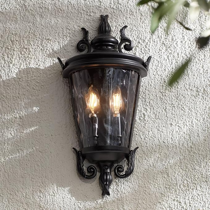 John Timberland Casa Marseille European Outdoor Wall Light Fixture Textured Black Scroll 17" Clear Hammered Glass for Exterior House Porch Patio Outside Deck Garage Yard Front Door Garden Home