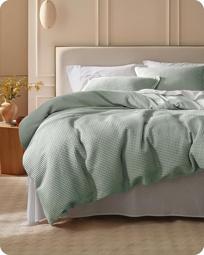 Bedsure Cotton Duvet Cover Queen - 100% Cotton Waffle Weave Sage Green Duvet Cover Queen Size, GentleSoft™ and Breathable Bedding Set for All Season, 3 Pieces, 90"x90"