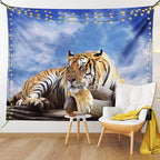 Ambesonne Savannah Tapestry Twin Size, Tiger Sitting on Wood Clear Blue Sky Wildlife Morning Stripes Predator, Wall Hanging Bedspread Bed Cover Wall Decor, 68" X 88", Blue Mustard Black