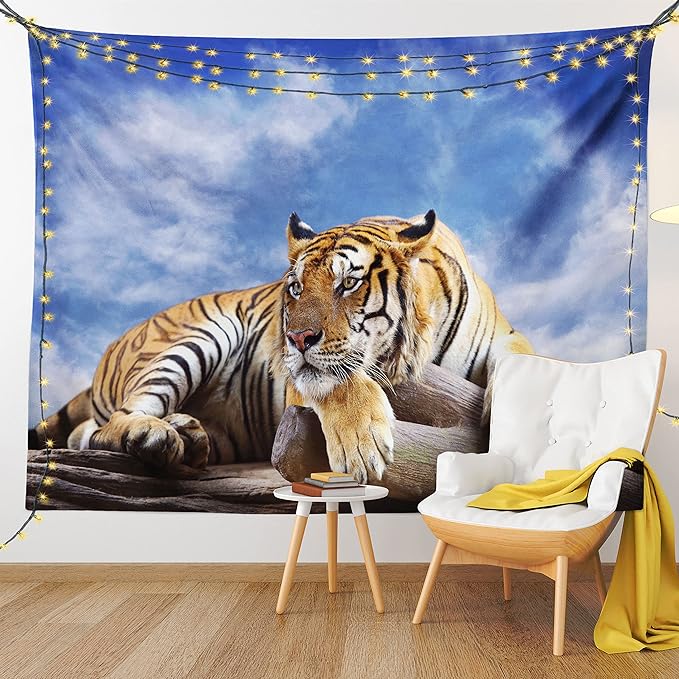 Ambesonne Savannah Tapestry, Tiger Sitting on Wood Clear Blue Sky Wildlife Morning Stripes Predator, Fabric Wall Hanging Decor for Bedroom Living Room Dorm, 28" X 23", Blue Mustard Black