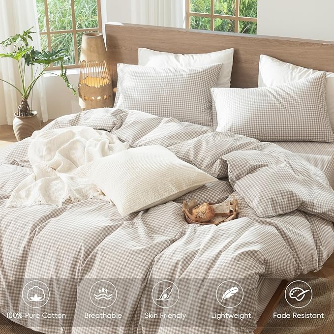 MooMee Gingham Duvet Cover Set 100% Washed Cotton Linen Like Textured Breathable Durable Soft Comfy Modern Checkered Design (Mini Gingham Tannish Linen Grey, Full 80"x90")