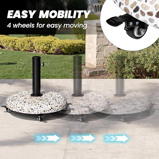 Crestlive Products 45lbs Umbrella Base with Wheels, Patio Umbrella Stand Heavy Duty, Round Cobble Cement Market Umbrella Base for Outdoor, Deck, Lawn, Garden(Cobblestone)