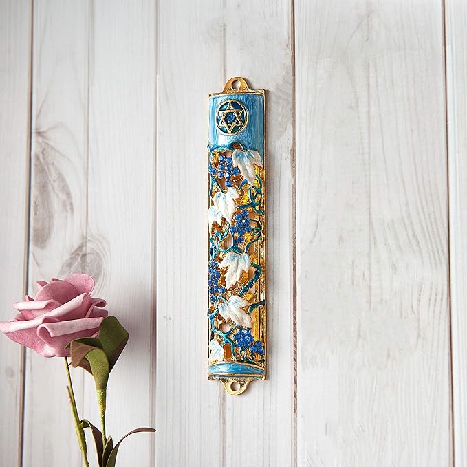 Matashi Hand Painted Blue and Ivory Enamel Grape Mezuzah Embellished with Gold Accents and Crystals Home Door Wall Decor Housewarming Present Gift for Festival (6 inch)
