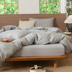 MooMee Striped Duvet Cover Set 100% Washed Cotton Linen Like Textured Breathable Durable Soft Comfy (Dark Grey White Pinstripes, King 104"x90")