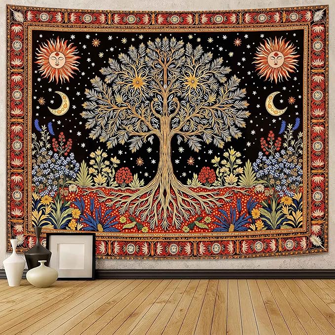 Lunerfex Tree of Life Wall Tapestry - Celestial Sun & Moon Wall Hanging for Bedroom and Living Room Decor - Boho Starry Night Tapestries 80"x60"