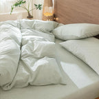 MooMee Striped Duvet Cover Set 100% Washed Cotton Linen Like Textured Breathable Durable Soft Comfy (Sage Green White Pinstripes, Full 80"x90")