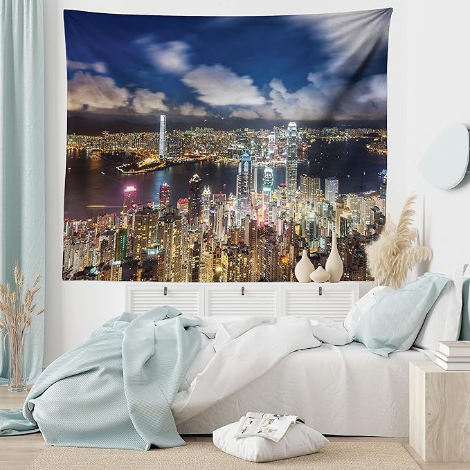 Ambesonne Cityscape Tapestry, Night View Hong Kong Victoria Harbor Business Financial District Cityscape Print, Fabric Wall Hanging Decor for Bedroom Living Room Dorm, 28" X 23", White Indigo