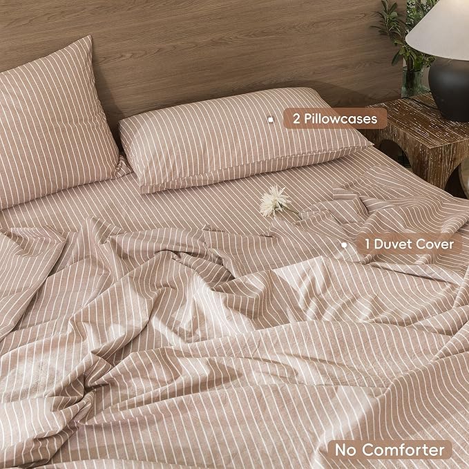 MooMee Striped Duvet Cover Set 100% Washed Cotton Linen Like Textured Breathable Durable Soft Comfy (Orange White Wide Stripes, King 104"x90")