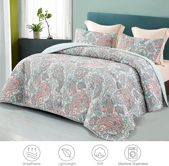 Exclusivo Mezcla Reversible Boho Quilts Queen Size, Aqua Bedspreads Lightweight Coverlet All Season Paisley Quilt Bedding Set with Printed Floral Pattern (1 Quilt, 2 Pillow Shams)