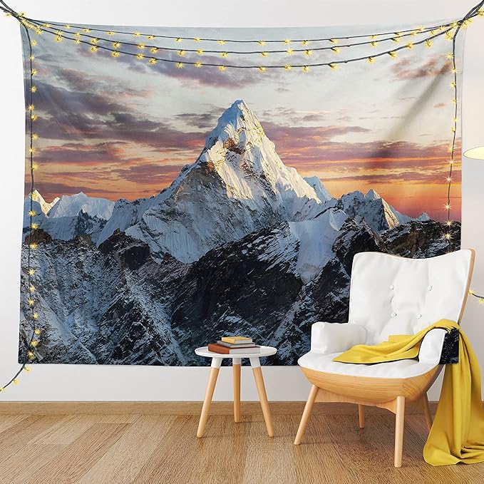 Ambesonne Mountain Tapestry King Size, Evening South High Hill Above the Sky Colorful Nepal Everest Photo, Wall Hanging Bedspread Bed Cover Wall Decor, 104" X 88", Bluegrey Salmon