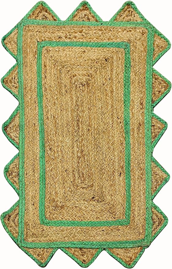 Scalloped Edge Rug, Hand Woven Natural Jute Area Rug, 2x3 Ft Beige & Green Braided Sisal Kilim Rugs for Living Room, Kitchen, Entryway, Farmhouse