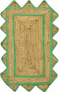 Scalloped Edge Rug, Hand Woven Natural Jute Area Rug, 3x5 Ft Beige & Green Braided Sisal Kilim Rugs for Living Room, Kitchen, Entryway, Farmhouse