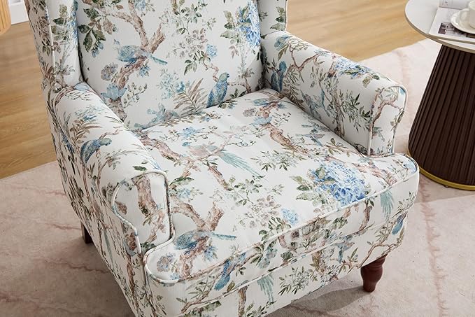 KEIKI Floral Accent Chair for Living Room – Artistic Heritage Look with Natural Wood Base, Statement Upholstered Armchair for Everyday Relaxation