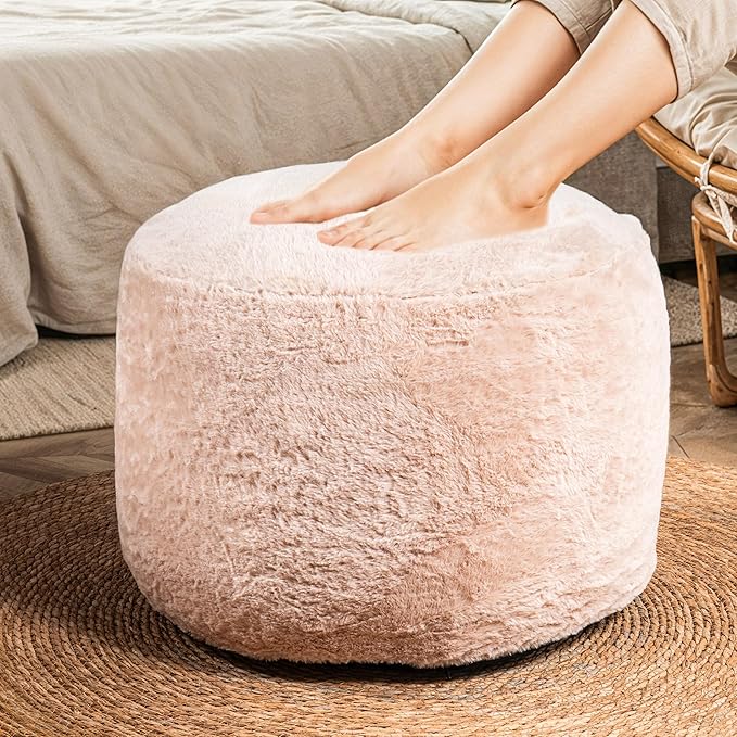 Cozy Plush Beige Pouf | Living Room Ottoman Footrest at 20 x 15 Inches | Soft, Non-Shedding Round Stool Sofa Ottoman with Supportive Foam Filling | Foot Rest for Couch