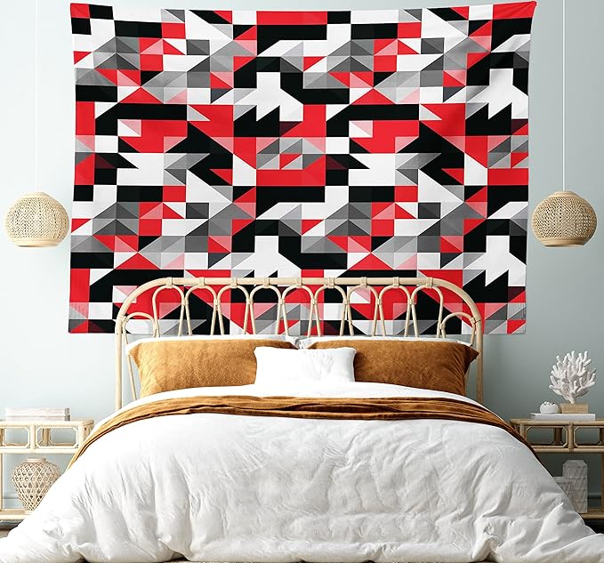 Ambesonne Abstract Tapestry, Abstract Geometric Half Triangles Squares Maze Inspired Image, Wide Wall Hanging for Bedroom Living Room Dorm, 60" X 40", Charcoal Vermilion