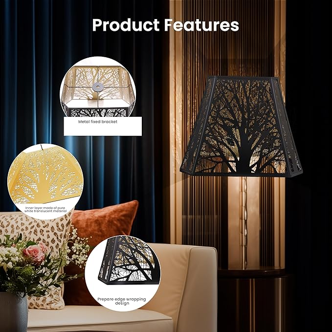 ALUCSET Bell Lamp shade, Large Metal Lampshade(Spider Fitter) Square Cut Corner, (7+9)" Top x (10.25+16)" Bottom x 12.25" High,Etched Forest Lamp Shades Replacements for Table Lamps and Floor Lamps