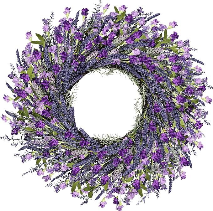 26 Inch Lavender Wreath Summer Spring Wreaths for Front Door Wreaths for Front Door for Wedding Farmhouse (Purple Lavender)