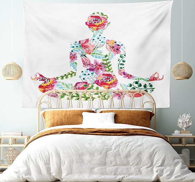 Ambesonne Yoga Tapestry, Silhouette in Lotus Pose with Blooming Watercolor Flowers Green Leaves Body and Mind, Wide Wall Hanging for Bedroom Living Room Dorm, 80" X 60", Blue Pink
