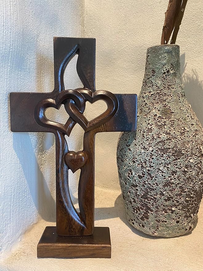 DAICAT - Handcarved Wood Cross with Intertwined Hearts, Crosses Wall Decor, Hand Made Wall Hanging Art Décor, Grift for Wedding (No 6)