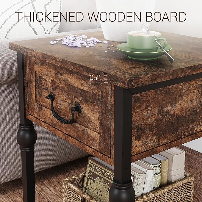 Takywep Small End Table with Drawer & Open Shelf, Vintage Nightstand with Gourd Joint Details, Apartment Square Sofa Beside Table with Storage Shelf for Living Room, Bedroom, 16 * 23in Retro Brown
