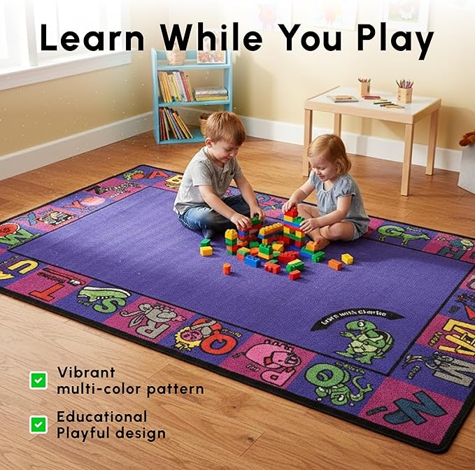 SAFECASTLE Alphabet Charlie Kids Educational Area Rug – 5'4" x 7'8" – ABC Alphabet Border Classroom Carpet for Playroom, Classroom, Daycare, or Preschool – Durable Machine-Tufted Nylon Rug