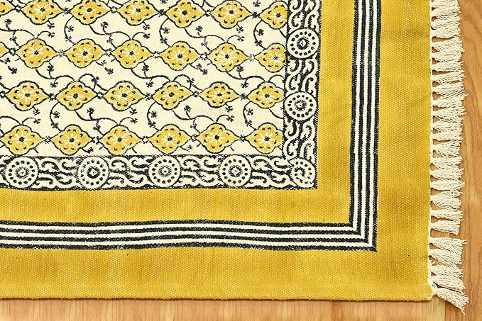 Kilim Runner 5x10 Cotton Runner Rug Yellow & Beige Indoor Outdoor Runner 0.19 inches Stone Easy Washable Hand Wash Cotton Carpet Flatweave Runner Rugs for Hallway, Staircases, Corridor Runner