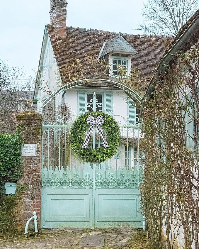 Vlorart 32" Faux Round Boxwood Wreath, Artificial Large Boxwood Wreath Front Door Wreaths Artificial Spring Summer Greenery Hanging with A Plaid Bow for Villa Wall Hanging Window Wedding Party Decor