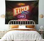 Ambesonne Tiki Bar Tapestry Twin Size, Old Fashioned Neon Signs Illustration of Open Bar Palm Tree Branches Roadside, Wall Hanging Bedspread Bed Cover Wall Decor, 68" X 88", Dark Purple