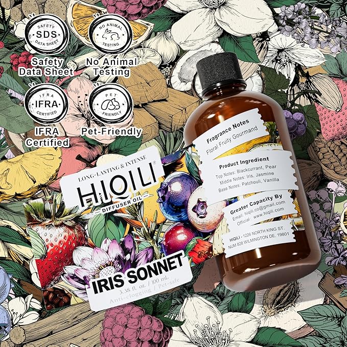 HIQILI Iris Sonnet Diffuser Oil, Elegant Floral Fruity Scent, Water Soluble for Car Air fresheners, Reed Diffuser, Relaxing & Cozy - 3.38 Fl Oz