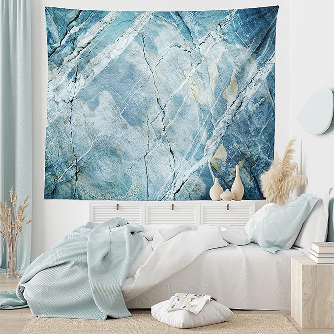 Ambesonne Marble Print Tapestry King Size, Exquisite Granite Stone Architecture Floor Nature Faded Rock Picture, Wall Hanging Bedspread Bed Cover Wall Decor, 104" X 88", Pale Blue Grey