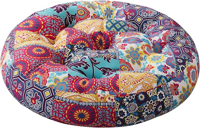 Codi Meditation Floor Pillow, Boho Pillows Seating for Adults and Kids, Large Round Cushion for Yoga Living Room Tatami Sitting, Memory Foam Added, 22x22 Inch, Multi Patchwork