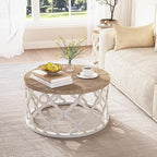 karlott Farmhouse Coffee Table, French Country Round Coffee Table, Coastal Coffee Tables with Distressed Top, Boho Center Table with Curved Motif Frame Base for Living Room, Dining Room, Bedroom