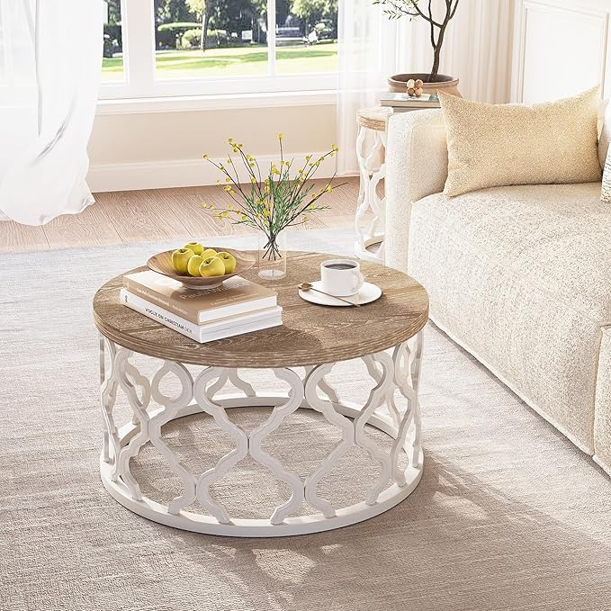 karlott Farmhouse Coffee Table, French Country Round Coffee Table, Coastal Coffee Tables with Distressed Top, Boho Center Table with Curved Motif Frame Base for Living Room, Dining Room, Bedroom