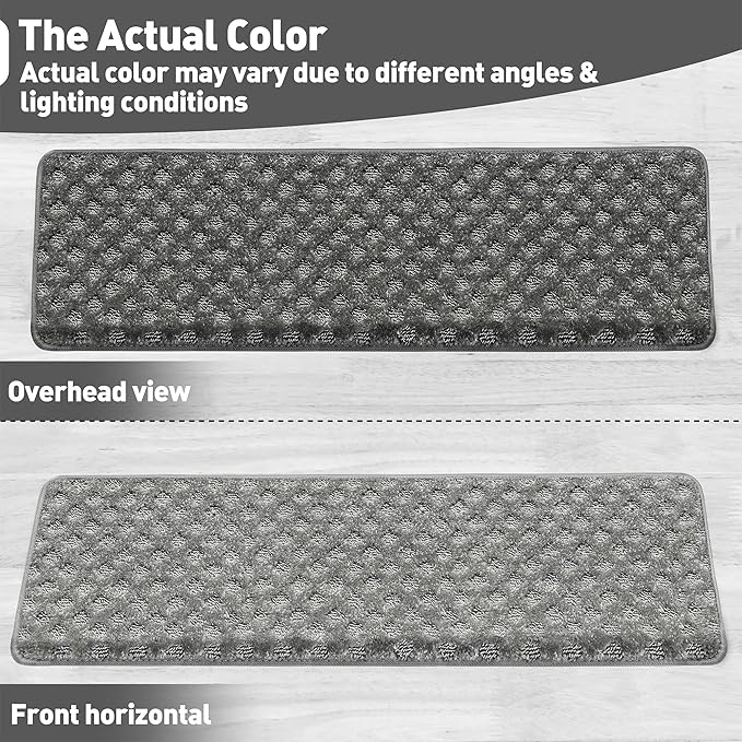 PURE ERA Bullnose Carpet Stair Treads Set Tape Free Non-Slip Indoor Stair Protectors Pet Friendly Rugs9.5" x 30"(2 Pieces,Grey Mini-Diamond Trellis)