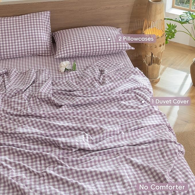 MooMee Gingham Duvet Cover Set 100% Washed Cotton Linen Like Textured Breathable Durable Soft Comfy Modern Checkered Design (Classic Gingham Light Purple, Oversized Full 82"x86")