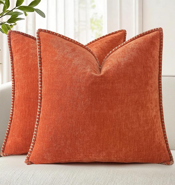 decorUhome Spring Chenille Soft Cozy Throw Pillow Covers 26x26 Set of 2, Modern Farmhouse Boho Velvet Decorative Euro Sham Pillow Cases with Stitched Edge for Couch Sofa Bed Home Decor, Rust
