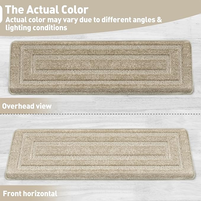 PURE ERA Bullnose Carpet Stair Treads Set Tape Free Non-Slip Indoor Stair Protectors Pet Friendly Rugs 9.5" x 30"(7 Pieces,Cream Gray Rectangular)