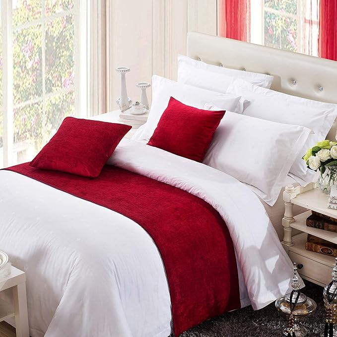 OSVINO Chenille Bed Runner Solid Breathable Modern Bedding Scarf Protection for Bedroom Hotel, Red 240X50cm for 180cm Bed