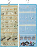 GMAK Hanging Jewelry Organizer with Hanger Metal Hooks, Double-Sided Jewelry Holder Accessories Organizer Storage Roll for Jewelry, Earrings, Bracelets, Necklaces, Rings - Light Blue