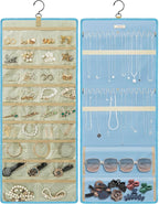 GMAK Hanging Jewelry Organizer with Hanger Metal Hooks, Double-Sided Jewelry Holder Accessories Organizer Storage Roll for Jewelry, Earrings, Bracelets, Necklaces, Rings - Light Blue