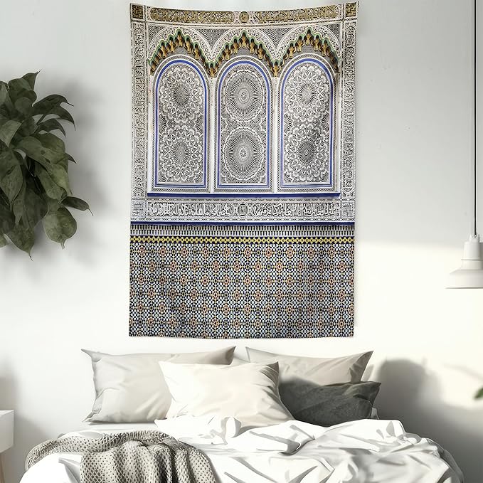 Ambesonne Orient Tapestry Twin Size, Nostalgic Moroccan Architecture Stone Carving and Motifs Majestic Ottoman Empire, Wall Hanging Bedspread Bed Cover Wall Decor, 68" X 88", Grey Blue