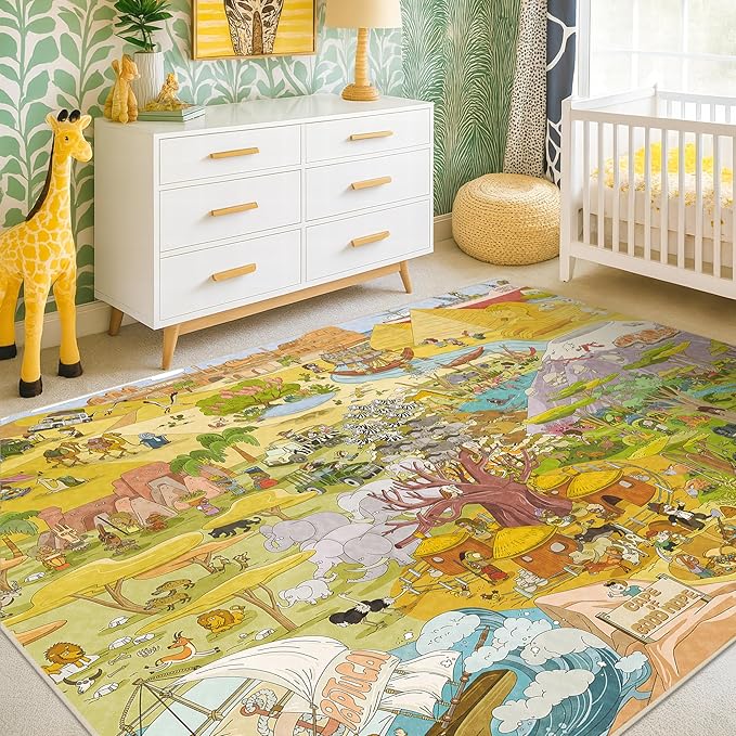 Desert Adventure Kids Rug 5x7 – Safari Animal Map Carpet with Lions, Elephants, Giraffes & Tribes – Educational Play Mat for Baby Bedroom, Classroom, or Playroom, Gold and Vibrant Decor