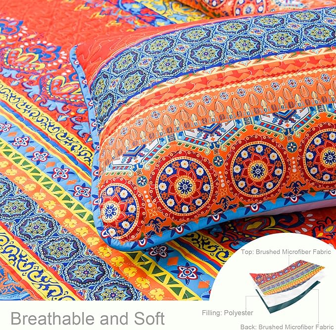 Exclusivo Mezcla Reversible Boho Quilts Queen Size, Blue Bedspreads Lightweight Coverlet All Season Bohemian Quilt Bedding Set with Printed Floral Pattern (1 Quilt, 2 Pillow Shams)