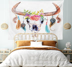 Ambesonne Feather Tapestry, Watercolor Style Bull Skull Ornaments Vibrant Image, Fabric Wall Hanging Decor for Bedroom Living Room Dorm, 28" X 23", White Brown