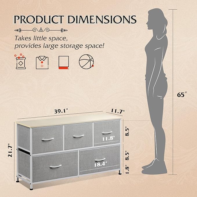 WLIVE Dresser for Bedroom with 5 Drawers, Wide Chest of Drawers, Fabric Dresser, Storage Organization Unit with Fabric Bins for Closet, Living Room, Hallway, Light Grey
