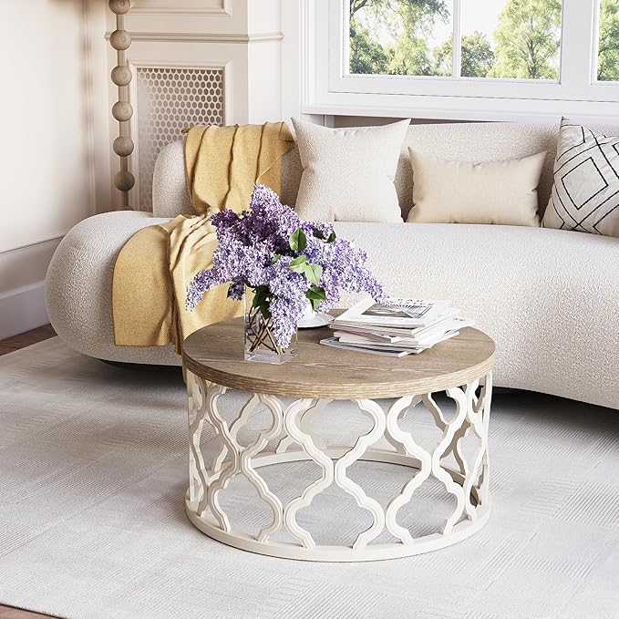 karlott Farmhouse Coffee Table, French Country Round Coffee Table, Coastal Coffee Tables with Distressed Top, Boho Center Table with Curved Motif Frame Base for Living Room, Dining Room, Bedroom